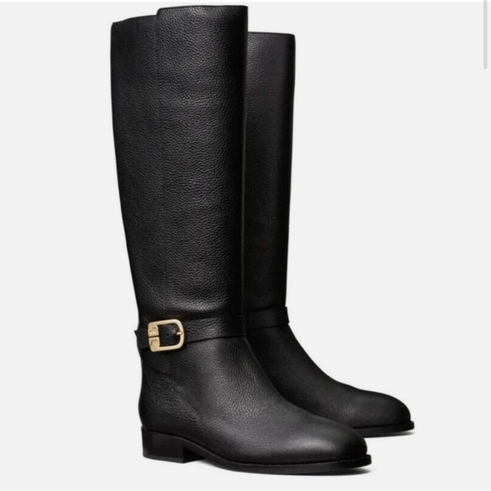 Tory Burch Boots Brooke 25 MM Knee High Black Tumbled Leather Women Riding 10
